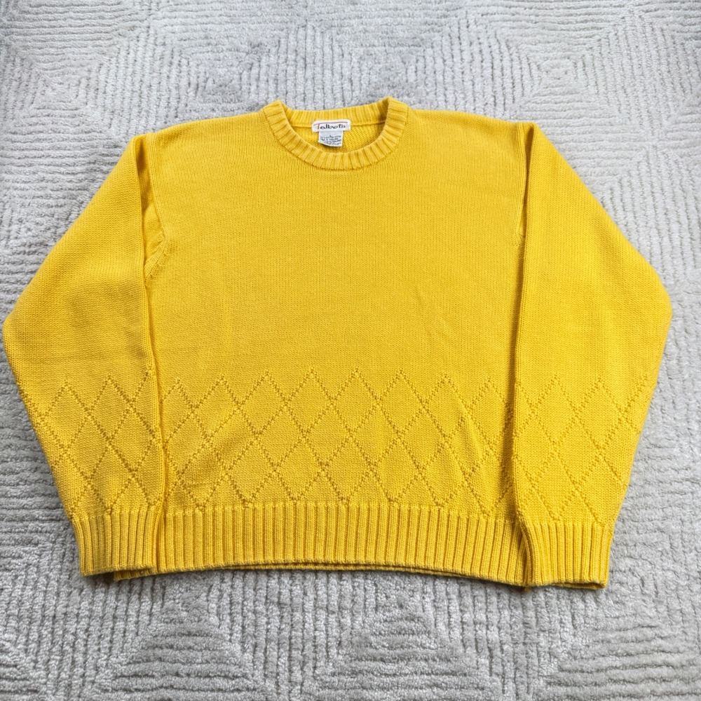 Talbots Cotton Crewneck Sweater Womens L Yellow Knit VTG 80s Academic Preppy